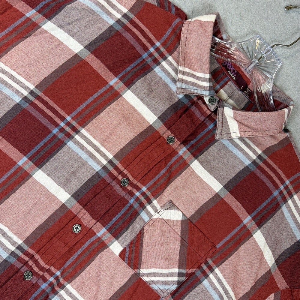 prAna Women's Cotton Plaid Flannel Button Down Shirt Red Orange Large